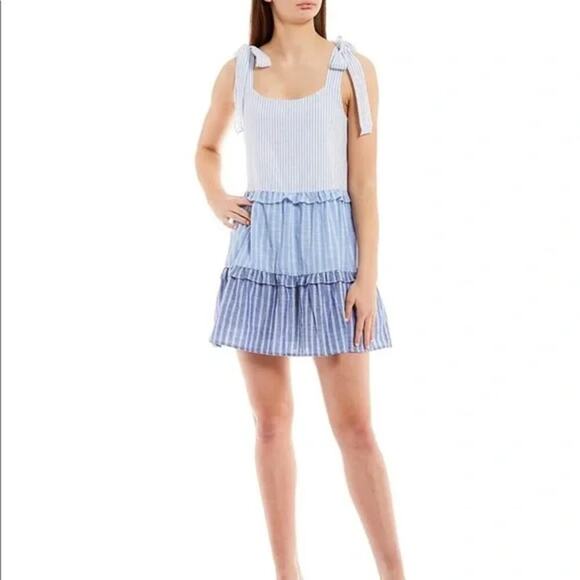 Blu Pepper Dress Color Block Stipes Tie-Shoulder Timeless Preppy Chic - Size L - Picture 1 of 8